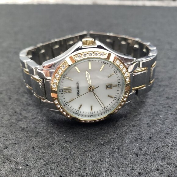 Armitron Womens Silver-Tone Watch Gold Crystal Accents Mother Pearl Dial Working - Picture 4 of 13
